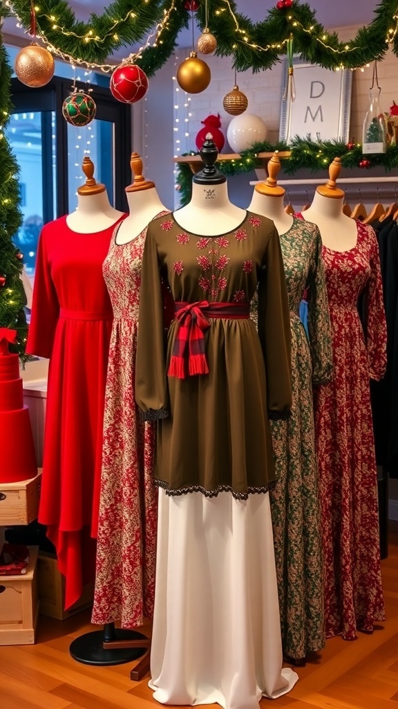 A display of stylish modest Christmas dresses in festive colors, set against a cozy holiday backdrop.